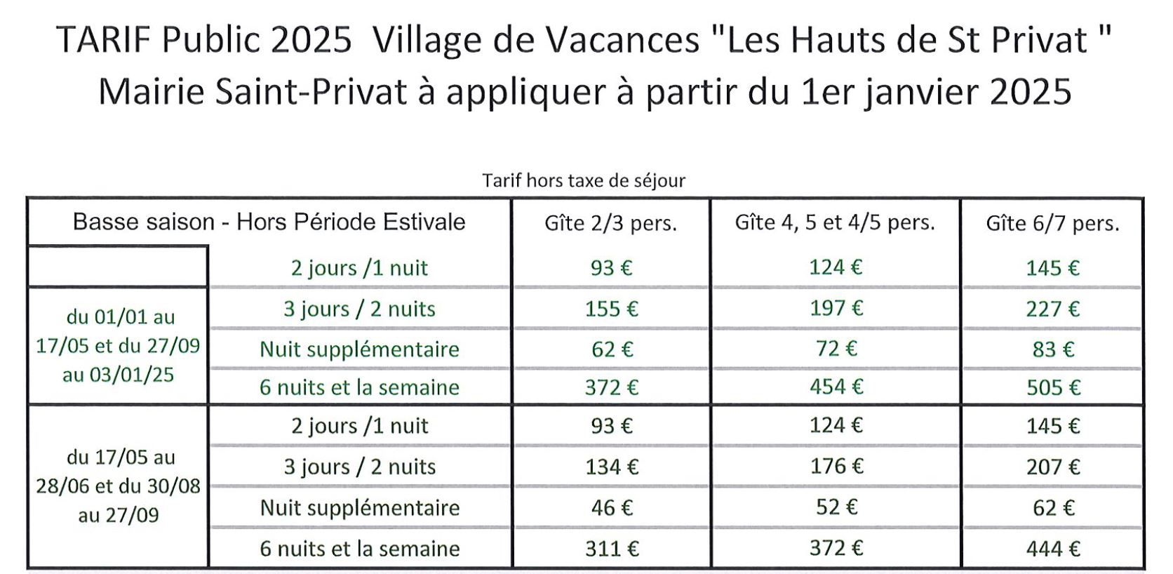 Tarifs 2025 basse saison Image