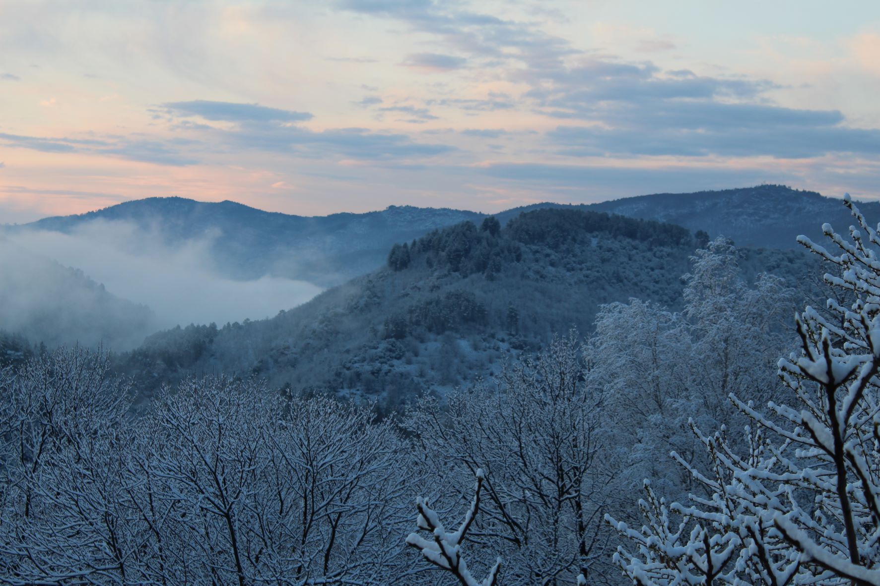 Matin cévenol en hiver Lever de soleil sur les crètes cévenoles enneigées